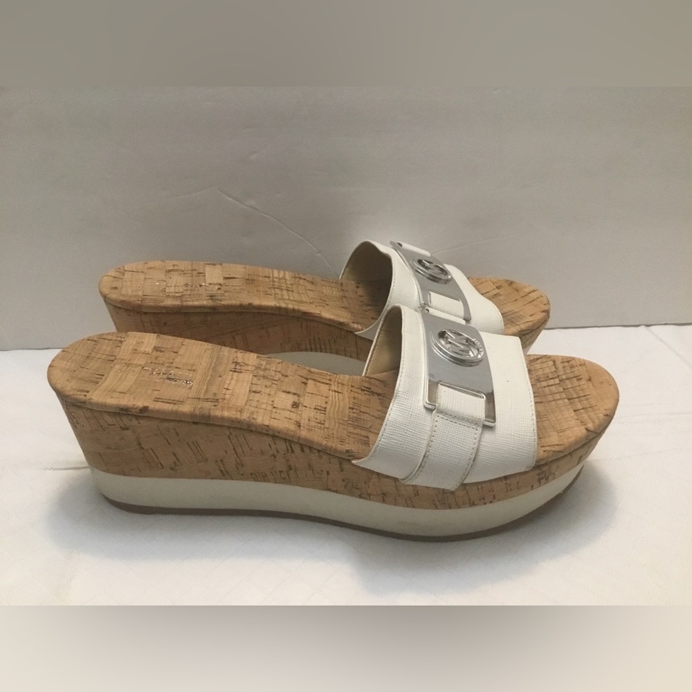 Michael Kors White Slide Wedge Sandals with Silver Logo - Picture 4 of 16